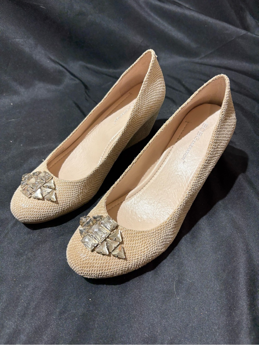 BCBGeneration Beige Jewel-Toe Wedge Pumps